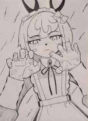 1boy absurdres apron bow hair_bow headhunter_rabbit_(overlord) highres maid maid_apron monochrome overlord_(maruyama) sketch trap
