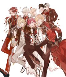 22kolink 6+boys ^_^ arthur_grandwell black_hair blonde_hair bow bowtie bradley_bain cain_knightley chloe_collins closed_eyes coat collared_shirt confetti formal_clothes full_body hair_between_eyes heathcliff_blanchett highres jacket jewelry mahoutsukai_no_yakusoku multicolored_hair multiple_boys pants ponytail red_hair riquet_(mahoutsukai_no_yakusoku) rutile_flores shirt short_hair smile streaked_hair suit vest white_(mahoutsukai_no_yakusoku)