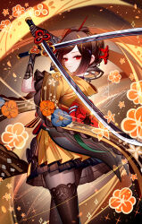 Rule 34 | 1girl, arm up, arms up, artist name, black gloves, black pantyhose, brown background, brown hair, chinese commentary, chiori (genshin impact), closed mouth, colored inner hair, commentary request, crossed swords, dress flower, dual wielding, elbow gloves, falling petals, floral background, flower, from behind, from side, genshin impact, gloves, hair ornament, hair stick, highres, holding, holding hands, holding weapon, japanese clothes, katana, kimono, light particles, light smile, long sword, looking at viewer, looking back, multicolored hair, obi, orange kimono, pantyhose, petals, print kimono, red eyes, sash, sheya, short kimono, sidelocks, solo, sparkle, standing, streaked hair, sword, turning head, weapon