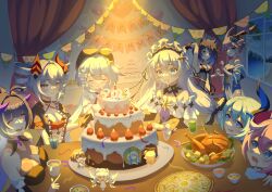 Rule 34 | 6+girls, absurdres, ahoge, animal ear fluff, animal ears, babydoll, benghuai xueyuan, beret, birthday cake, black babydoll, black dress, black gloves, black jacket, blue hair, blue kimono, bra, breasts, bronya zaychik, cake, cat ears, cherry, chinese commentary, cleavage, cocktail glass, commentary request, cross, cup, date a live, decorations, dress, drill hair, drink, drinking glass, evil king, fake horns, flower, food, food in mouth, fox ears, fox girl, fruit, gloves, grey hair, griseo, griseo (starry impression), hair flower, hair ornament, happy birthday, hat, highres, himekawa yoshino, holding, holding cross, honkai (series), honkai impact 3rd, horns, indoors, jacket, japanese clothes, kiana kaslana, kimono, large breasts, liliya olenyeva, long hair, medium breasts, medium hair, multiple girls, night, ocean, pink hair, pizza, purple horns, raiden mei, red bra, rozaliya olenyeva, seele vollerei, siblings, single horn, sisters, smile, strawberry, table, theresa apocalypse, turkey (food), twin drills, twins, underwear, white dress, white hair, window, yae sakura