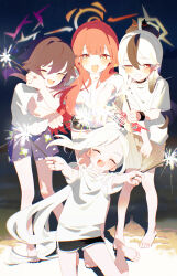Rule 34 | 4girls, :d, ;d, ^ ^, absurdres, aru (blue archive), bare legs, barefoot, black footwear, blue archive, blush, bm tol, closed eyes, commentary request, dolphin shorts, fireworks, halo, haruka (blue archive), highres, holding, holding fireworks, kayoko (blue archive), looking at viewer, multiple girls, mutsuki (blue archive), one eye closed, open mouth, outdoors, problem solver 68 (blue archive), shirt, short shorts, short sleeves, shorts, smile, sparkler, t-shirt, white shirt