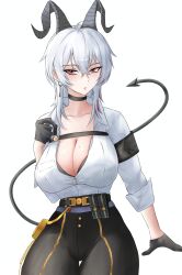 1girl absurdres black_choker black_gloves black_horns black_pants black_tail breasts chest_harness choker commentary curled_horns demon_tail earrings gloves grey_hair hair_between_eyes harness highres horns jewelry key_earrings large_breasts lobright long_hair looking_at_viewer mole mole_on_breast mole_under_eye multicolored_hair pants red_eyes shirt shirt_tucked_in simple_background solo streaked_hair tail white_background white_shirt wuthering_waves zani_(wuthering_waves)