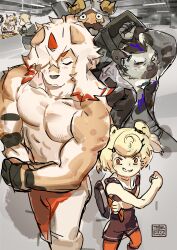 2girls 4boys abs absurdres arknights artist_logo bara blush chinese_commentary closed_eyes colored_tips commentary_request dungeon_meshi ear_piercing facial_hair fake_horns flexing frying_pan furry furry_male gummy_(arknights) half-closed_eyes helmet highres holding_pan horned_helmet horns hung_(arknights) hyena_boy hyena_ears komainu_boy komainu_ears laios_touden logo looking_at_viewer multicolored_hair multiple_boys multiple_girls muscular muscular_male mustache pectorals piercing senshi_(dungeon_meshi) shu_(arknights) single_horn spot_(arknights) streaked_hair sweatdrop taodao0213 topless_male