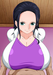 1boy 1girl breasts cleavage highres huge_breasts koktter long_hair nico_robin one_piece paizuri smile