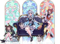 Rule 34 | 3girls, ange katrina, animal, animal ears, ankle boots, arm support, asymmetrical footwear, banken (inui toko), bare legs, black boots, black shirt, black skirt, blue eyes, blue hair, blunt bangs, blush, boots, braid, brown hair, clothed animal, color-coded, colored inner hair, commentary request, couch, creature, dog ears, fold-over boots, formal clothes, frilled skirt, frills, gold trim, hair intakes, half up braid, hand up, heterochromia, high heel boots, high heels, idol clothes, index finger raised, inui toko, inward v, knees up, layered shirt, layered skirt, lize helesta, long hair, long sidelocks, long sleeves, looking at viewer, low twin braids, mandragora, mandragora (ange katrina), medium hair, midriff, miniskirt, mismatched footwear, monocle, multicolored hair, multiple girls, nijisanji, nijisanji idol uniform, no gloves, no tail, on couch, one eye closed, open mouth, purple eyes, red eyes, red hair, ruru yui joji, sanbaka (nijisanji), sebastian piyodore, shirt, sidelocks, silver tiara, sitting, skirt, sleeve cuffs, smile, stained glass, streaked hair, suit, thigh strap, twin braids, twitter username, two-tone hair, v, very long hair, virtual youtuber, white hair, white shirt, white skirt, yellow eyes