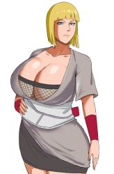 Rule 34 | 1girl, absurdres, blonde hair, blue eyes, bob cut, breasts, cleavage, fishnets, hand on own hip, highres, huge breasts, looking at viewer, naruto (series), naruto shippuuden, panarandom, samui (naruto), short hair, simple background, solo, white background