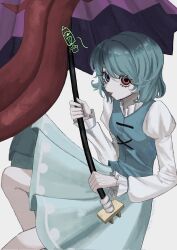 1girl blue_eyes blue_hair blue_skirt blue_vest breasts hashtag-only_commentary heterochromia highres holding holding_umbrella juliet_sleeves karakasa_obake long_sleeves long_tongue puffy_sleeves purple_umbrella red_eyes shirt short_hair simple_background skirt small_breasts solo tatara_kogasa tongue tongue_out touhou umbrella vest watage_milktea white_background white_shirt