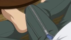 10s 1boy 2018 animated animated_gif crossed_legs doki_doki_little_ooya-san large_penis lowres penis penis_under_clothing tagme twitching_penis zipper