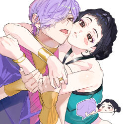 1boy 1girl :&lt; :p aqua_shirt arms_around_neck bangle bare_shoulders black_hair blunt_bangs blush_stickers bracelet brown_eyes cheek-to-cheek chibi chibi_inset closed_mouth collarbone crop_top double_bun earrings empty_eyes fang gold_bracelet gold_ring hair_bun hair_intakes hair_over_one_eye halterneck hand_on_another&#039;s_shoulder heads_together hetero holding_another&#039;s_arm hoop_earrings jewelry kpop_demon_hunters layered_shirt licking licking_another&#039;s_cheek licking_another&#039;s_face looking_at_viewer mystery_(kpop_demon_hunter) ng_do168 pink_shirt pink_sweater purple_hair purple_nails purple_shirt ring shirt short_bangs short_hair short_sleeves sidelocks silver_earrings single_blush_sticker skin_fang sweater tongue tongue_out turtleneck two-tone_shirt white_background wrist_cuffs wristband yellow_shirt zoey_(kpop_demon_hunters)