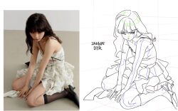 1girl bare_shoulders between_legs black_hair dotori_(seulseul) dress hand_between_legs high_heels long_hair original sitting sleeveless sleeveless_dress white_dress