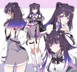 1girl ashinobu_panda blush bubble_tea closed_mouth cone_hair_bun dress drinking earrings eyelashes gradient_hair grey_dress grin hair_bun hair_ornament hairclip highres jewelry leg_warmers looking_back mikure_narin multicolored_hair multiple_views purple_eyes shirt sleeves_past_fingers sleeves_past_wrists smile thigh_strap virtual_youtuber vspo! vspo!_en white_shirt