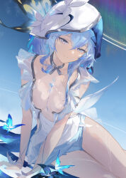 1girl armlet blue_butterfly blue_dress blue_eyes blue_veil breasts bug butterfly closed_mouth commentary_request dress feet_out_of_frame hair_between_eyes highres insect jewelry looking_at_viewer lying medium_breasts on_side shorekeeper_(wuthering_waves) sitting smile solo thighs two-tone_veil veil white_veil wturnip wuthering_waves
