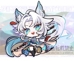 Rule 34 | 1girl, animal ear fluff, animal ear piercing, animal ears, artist name, black footwear, blue dress, blue eyes, breasts, chibi, china dress, chinese clothes, dress, feixiao (honkai: star rail), flag, forehead jewel, fox ears, fox girl, full body, gloves, gnsn no09, highres, holding, holding flag, honkai: star rail, honkai (series), jacket, long hair, medium breasts, open mouth, red gloves, smile, solo, teeth, upper teeth only, very long hair, white background, white hair, white jacket