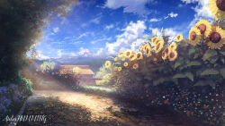 Rule 34 | blue sky, building, bush, cloud, cloudy sky, commentary request, day, flower, highres, kazu9029-paint, no humans, original, outdoors, red flower, scenery, shade, shadow, sky, sunflower, sunlight, white flower, yellow flower
