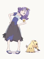 1girl :3 absurdres acerola_(pokemon) armlet closed_mouth collarbone commentary_request dress gen_7_pokemon hair_ornament hands_on_own_hips highres jewelry leaning_to_the_side mimikyu miyao385 nintendo pigeon-toed pokemon pokemon_(creature) pokemon_sm purple_hair sandals short_sleeves smile split_mouth standing toes topknot torn_clothes torn_dress white_background