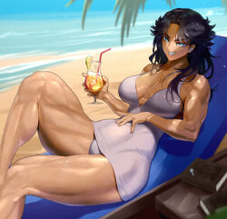 1girl absurdres airpods bare_legs beach bendy_straw black_hair blue_pupils breasts breasts_apart commission drink drinking_straw highres holding holding_drink large_breasts looking_at_viewer lying muscular muscular_female original pixiv_commission qtime_702 smile solo wireless_earphones