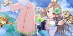 Rule 34 | 1girl, bare legs, bare shoulders, blue dress, blue eyes, blue reflection (series), blue reflection sun, blue sky, bow, brown hair, clothing cutout, cloud, day, detached sleeves, dress, floating, flower, frilled dress, frilled socks, frills, game cg, green bow, green flower, green skirt, hair flower, hair ornament, hand up, hibiscus, highres, kishida mel, legs up, long hair, looking at viewer, magical girl, midair, navel cutout, non-web source, official art, open mouth, outdoors, parted bangs, see-through clothes, see-through skirt, shijou raimu, shijou raimu (reflector), skirt, sky, sleeveless, sleeveless dress, smile, socks, solo, stuffed animal, stuffed toy, teddy bear, thighs, wavy hair, white flower, white sleeves, white socks