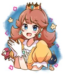 1girl artist_name bad_id bad_twitter_id blue_eyes blush blush_stickers bob-omb brown_hair commentary cropped_torso crown dress earrings english_commentary gloves happy jewelry long_hair looking_at_viewer mario_(series) nintendo open_mouth orange_dress own_hands_together princess_daisy puffy_short_sleeves puffy_sleeves sadnesskoral short_sleeves shy_guy smile super_star_(mario) twitter_username upper_body white_gloves