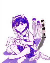 1girl 3boys absurdres animal_ear_hairband animal_ears antenna_hair aubrey_(headspace)_(omori) aubrey_(omori) bailan1130 barefoot black_eyes black_hair black_socks black_tank_top bow closed_mouth colored_skin fake_animal_ears fake_tail gift hair_bow hairband hero_(headspace)_(omori) hero_(omori) highres holding holding_gift kel_(headspace)_(omori) kel_(omori) kneehighs limited_palette long_hair long_shirt long_sleeves looking_at_another multiple_boys omori omori_(omori) open_mouth pajamas parted_lips pom_pom_(cheerleading) purple_eyes purple_hair purple_shorts shirt short_hair shorts simple_background socks standing striped_clothes striped_shorts sweatdrop t-shirt tail tank_top unworn_hairband vertical-striped_clothes vertical-striped_shorts white_background white_shorts white_skin