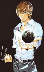 1boy adam&#039;s_apple belt brown_hair death_note death_note_(object) earth_(planet) fingernails highres male_focus obata_takeshi official_art pants planet reaching reaching_towards_viewer shirt solo tsurime underlighting white_shirt yagami_light