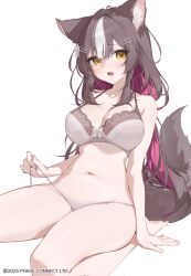 Rule 34 | 1girl, animal ear fluff, animal ears, bare arms, barefoot, belly, bow, bow bra, bra, breasts, brown bra, brown hair, brown panties, brown tail, chisaka airi, colored bangs, colored inner hair, commentary, copyright name, copyright notice, double-parted bangs, english commentary, flower, frown, hair flower, hair ornament, hairpin, highres, lace, lace-trimmed bra, lace trim, large breasts, legs folded, long hair, looking at viewer, low-tied long hair, monoco55, multicolored hair, multiple hairpins, navel, official art, open mouth, panties, phase connect, pink hair, shiny skin, side-tie panties, simple background, sitting, soles, solo, stomach, tail, teeth, thick thighs, thighs, underwear, underwear only, untied panties, untying, upper teeth only, virtual youtuber, wariza, white background, white flower, white hair, wolf ears, wolf girl, wolf tail, yellow eyes