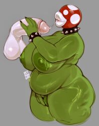 1boy 1girl artist_name bracelet breasts collar colored_skin disembodied_penis fat fat_woman furry furry_female green_skin grey_background highres huge_breasts jewelry large_areolae large_nipples navel nintendo nipples penis petroverr piranha_plant simple_background spiked_bracelet spiked_collar spikes testicles