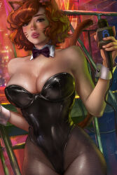 1girl absurdres animal_ears april_o&#039;neil black_bow black_bowtie black_leotard bow bowtie breasts brown_eyes brown_hair cat_ears cat_girl cat_tail cleavage collar detached_collar facial_mark fangs freckles highres holding holding_microphone large_breasts leotard logan_cure medium_breasts microphone nontraditional_playboy_bunny pantyhose parted_lips solo strapless strapless_leotard sweat tail teenage_mutant_ninja_turtles whisker_markings white_collar white_wrist_cuffs wrist_cuffs