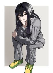 Rule 34 | 1girl, absurdres, arm support, black hair, border, cheek rest, green eyes, grey sweatsuit, highres, invisible chair, isshou senkin, long hair, looking at viewer, meowlin, mole, mole under eye, outside border, shoes, sitting, sneakers, solo, sweatsuit, tenma nozomi, white border