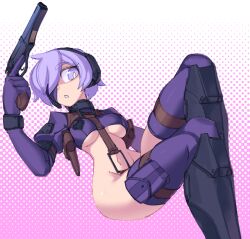 1girl armor axe breasts cragscleft crotch_strap gloves gun headset holding holding_gun holding_weapon holster long_sleeves looking_at_viewer martyr_(the_citadel) medium_breasts navel one_eye_covered purple_eyes purple_gloves purple_hair purple_thighhighs revealing_clothes short_hair shoulder_holster solo the_citadel thighhighs weapon