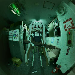 1girl axe bulletproof_vest clock fire_extinguisher gas_mask green_hair green_skirt gun hair_between_eyes hatsune_miku highres holding holding_gun holding_weapon long_hair mask photo_background riyaaaaa1444 shirt skirt solo twintails weapon white_shirt