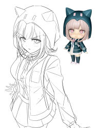 Rule 34 | 1girl, black jacket, black thighhighs, blush, breasts, brown hair, brown skirt, collared shirt, danganronpa (series), danganronpa 2: goodbye despair, flipped hair, full body, highres, hood, hood up, hooded jacket, jacket, large breasts, long sleeves, medium hair, miniskirt, nanami chiaki, nendoroid, open clothes, open jacket, pink eyes, pleated skirt, shirt, shoes, skirt, smile, spaceship hair ornament, thighhighs, two-tone shirt, vo1ez, white shirt