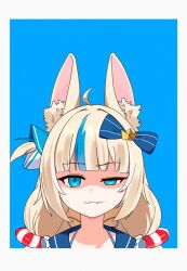 1girl :3 :| absurdres ahoge animal_ear_fluff animal_ears blonde_hair blue_background blue_eyes blue_hair blue_streaks blunt_bangs cat_ears closed_mouth commentary english_commentary fang fang_out fish_girl half-closed_eye highres indie_virtual_youtuber innertube_hair_ornament looking_at_viewer low_twintails multicolored_hair one_side_up paper_boat pash-uwu portrait sameko_saba streaked_hair twintails two-tone_hair uneven_eyes virtual_youtuber