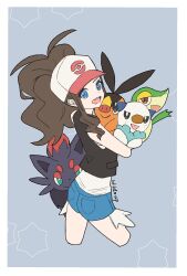 1girl :d artist_name black_vest blue_eyes blue_shorts border brown_hair gen_5_pokemon hat high_ponytail highres hilda_(pokemon) holding holding_pokemon long_hair looking_at_viewer nintendo open_mouth oshawott pokemon pokemon_(creature) pokemon_bw ponytail shirt shorts sleeveless sleeveless_shirt smile snivy teeth tepig upper_teeth_only vest white_border white_hat white_shirt wildou_p zorua