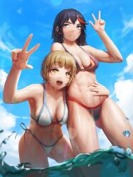2girls abs absurdres bikini black_bikini black_hair blue_eyes blue_sky blunt_bangs breasts breasts_apart brown_hair cleavage closed_mouth cloud cloudy_sky collarbone cowboy_shot frown gluteal_fold hand_on_another&#039;s_stomach hand_up highres hug hug_from_behind in_water kill_la_kill leaning_forward looking_at_viewer looking_to_the_side mankanshoku_mako matoi_ryuuko medium_hair multiple_girls navel numanoan open_mouth outdoors red_streaks short_hair sky standing swimsuit teeth three-finger_salute toned toned_female tongue wet white_bikini yellow_eyes