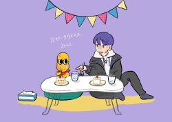 2boys anger_vein bald bandana bandana_around_neck black_jacket black_pants blush cake cake_slice colored_skin commentary_request cup cushion drinking_glass eating food food_on_face fork frown full_body green_eyes highres holding holding_fork hood hood_down hoodie icing jacket jacket_over_hoodie kenmochi_touya kenmochi_touya_(8th_costume) knee_up long_sleeves looking_at_another male_focus mode_aim momoco_(momco04) multiple_boys nijisanji on_floor open_clothes open_jacket open_mouth pants peanuts-kun pennant pointing pointing_at_another purple_background purple_hair purple_socks short_hair sitting socks string_of_flags table tissue_box translation_request virtual_youtuber water white_hoodie yellow_skin