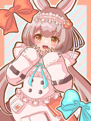 1girl :d animal_ears arknights blue_bow blue_ribbon blush border bow brown_eyes brown_hair commentary_request diagonal-striped_background frilled_hairband frills hairband hands_up highres long_hair long_sleeves looking_at_viewer open_mouth orange_border orange_bow orange_skirt outline rabbit_ears ribbon ribbon-trimmed_hairband ribbon_trim shirt skirt sleeves_past_wrists smile solo striped_background very_long_hair warmy_(arknights) white_hairband white_outline white_shirt yopi_(user_wdgp8532)
