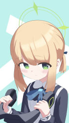 1girl animal_ear_headphones animal_ears anmonaito1991 apron aqua_background aqua_bow aqua_bowtie black_dress blonde_hair blue_archive blue_bow blush bow bowtie cat_ear_headphones closed_mouth collared_dress commentary contrast_collar dot_nose dress eyes_visible_through_hair fake_animal_ears green_eyes green_halo hair_bow halo headphones headphones_removed highres holding holding_headphones long_sleeves looking_at_viewer looking_to_the_side maid maid_apron medium_hair midori_(blue_archive) midori_(maid)_(blue_archive) no_headwear puffy_long_sleeves puffy_sleeves short_twintails sidelocks smile solo tareme twintails two-tone_background unworn_headphones upper_body white_apron white_background