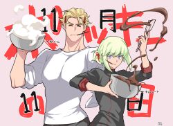 2boys black_pants black_shirt blonde_hair bowl closed_eyes closed_mouth commentary_request crew_neck food food_in_mouth green_hair hair_ornament hair_ribbon hair_slicked_back hairclip holding holding_bowl holding_spatula kray_foresight lio_fotia looking_at_viewer male_focus multiple_boys pants pink_eyes pocky pocky_in_mouth promare red_ribbon ribbon shirt short_hair sleeve_cuffs sleeves_rolled_up spatula takatsuki_ichi white_shirt