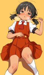 Rule 34 | 1girl, absurdres, ascot, black hair, commentary request, dress, hair bobbles, hair ornament, highres, kaai yuki, looking at viewer, lying, on back, pinafore dress, puffy short sleeves, puffy sleeves, red ascot, red dress, shiguren 39, shirt, short sleeves, sleeveless, sleeveless dress, socks, solo, twintails, vocaloid, white shirt, white socks, yellow background, yellow eyes