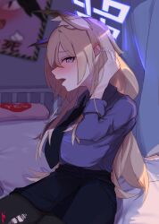 1girl absurdres animal_ear_fluff animal_ears aoidelan9 black_pantyhose blonde_hair blue_archive blue_necktie blue_shirt blue_skirt blush dog_ears dog_girl extra_ears fang hand_in_own_hair highres kanna_(blue_archive) looking_at_viewer necktie on_bed open_mouth pantyhose sharp_teeth shirt sitting skirt solo teeth torn_clothes torn_pantyhose