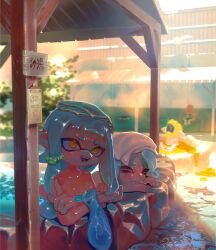 4girls bathing blue_hair blue_tongue breasts closed_eyes colored_tongue commentary_request crossed_arms fangs hair_ornament hairclip inkling inkling_girl inkling_player_character long_hair medium_hair multiple_girls nintendo nude octoling octoling_girl octoling_player_character open_mouth parted_bangs pointy_ears same-sex_bathing shared_bathing small_breasts smile splatoon_(series) tentacle_hair towaxa towel towel_on_head yellow_eyes