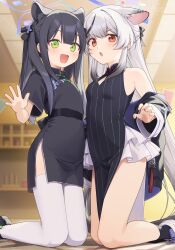 2girls :d absurdres aged_down akabino animal_ears bare_shoulders black_dress black_footwear black_hair blue_archive blush breasts china_dress chinese_clothes commentary_request diamond_cutout dress green_eyes grey_hair hair_ornament halo highres indoors kneeling kokona_(blue_archive) loli long_hair looking_at_viewer multiple_girls open_mouth short_sleeves shun_(blue_archive) shun_(small)_(blue_archive) sleeveless sleeveless_dress small_breasts smile thighhighs tiger_ears tiger_girl very_long_hair white_thighhighs
