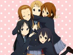 5girls :d akiyama_mio black_eyes black_hair blonde_hair blue_eyes brown_eyes brown_hair eyebrows grin highres hirasawa_ui hirasawa_yui ho-kago_tea_time hug k-on! kicchi_(tmgk) kotobuki_tsumugi multiple_girls nakano_azusa open_mouth polka_dot polka_dot_background school_uniform short_hair smile tainaka_ritsu
