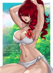 1girl absurdres alternate_costume arialla_draws armpits arms_up artist_name bare_shoulders bikini blush breasts cleavage commentary english_commentary flower hair_over_one_eye highres kirijou_mitsuru large_breasts long_hair looking_at_viewer navel official_alternate_costume outdoors patreon_username persona persona_3 red_eyes red_hair solo stomach swimsuit tying_hair watermark web_address white_bikini