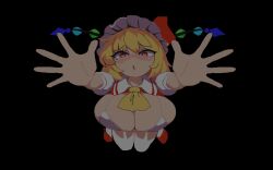1girl alternate_breast_size animal_ear_fluff animated animated_gif bikini bikini_top_only blonde_hair blush bouncing_breasts breasts flandre_scarlet hat heart heart-shaped_pupils kiss large_breasts long_sleeves looking_at_viewer mob_cap namako_daibakuhatsu ponytail red_eyes solo solo_focus swimsuit symbol-shaped_pupils touhou vampire white_bikini wings
