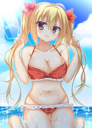 Rule 34 | 1girl, ahoge, arihara nanami, backlighting, bare arms, bare shoulders, bikini, blonde hair, blue sky, blush, breasts, cameltoe, cleavage, closed mouth, commentary request, cowboy shot, day, eyelashes, eyes visible through hair, fingernails, flower, frilled bikini, frills, fuyukichi (nikoniko1567), gluteal fold, groin, hair between eyes, hair flower, hair ornament, halterneck, hands up, happy, highres, holding, holding own hair, kneeling, large breasts, lips, long hair, looking at viewer, navel, ocean, official alternate costume, official alternate hairstyle, outdoors, red bikini, red eyes, red flower, riddle joker, shiny skin, skindentation, sky, smile, solo, sparkle, sunlight, swimsuit, thigh gap, thighs, twintails, variant set, very long hair, w arms, wet
