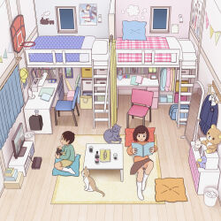 1boy 1girl bra brother_and_sister cat curtains desk dressing fixed-point_camera full_body highres indoors kiyo_(kyokyo1220) loft_bed lying male_underwear ootani_shouhei original panties playing_games reading shirt siblings standing television time_lapse underwear white_bra white_male_underwear white_panties white_shirt window