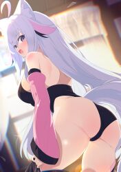 1girl absurdres ahoge animal_ear_fluff animal_ears ass back bare_shoulders black_leotard blush breasts commission detached_sleeves fang fox_ears fox_girl fox_tail from_behind hair_between_eyes highres indoors large_breasts leotard long_hair long_sleeves looking_at_viewer looking_back open_mouth original panties pink_sleeves purple_eyes shiro9jira skeb_commission solo tail thighhighs thighs underwear very_long_hair white_hair window