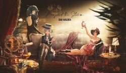 1boy 5girls alcohol ankle_boots arcana_(reverse:1999) arm_out_of_sleeve arm_up ascot backless_dress backless_outfit black_coat black_dress black_footwear black_gloves black_hair black_hat black_pants blue_bow blue_hair boater_hat boots bottle bow carbuncle_(reverse:1999) carpet coat couch creature crossed_legs cup desk_lamp dress drinking_glass english_text feather_dress feather_hair_ornament feathers food forget_me_not_(reverse:1999) fruit gloves grey_eyes grey_hair grin gusarlol hair_bun hair_ornament hairband hanging_light hat hat_bow highres holding holding_cup indoors inkwell lamp lemon lemon_slice long_hair long_sleeves looking_at_viewer multiple_girls on_couch pants phonograph plant red_eyes red_feathers regulus_(reverse:1999) reverse:1999 round_table schneider_(reverse:1999) shirt short_dress short_hair single_side_bun sitting smile sonetto_(reverse:1999) standing strapless strapless_dress table turning_head vertin_(reverse:1999) very_long_hair wand_in_head white_ascot white_hairband white_shirt wide_shot wine wine_bottle wine_glass yellow_eyes yokozuwari