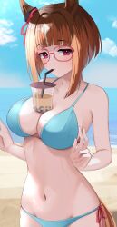 1girl animal_ears beach bikini blue_bikini blue_sky breasts brown_hair bubble_tea_challenge cloud cup day drinking_straw drinking_straw_in_mouth glasses horse_ears horse_girl horse_tail large_breasts looking_at_viewer navel ocean outdoors purple_eyes red_eyes sky solo swimsuit tail takmi transcend_(umamusume) umamusume